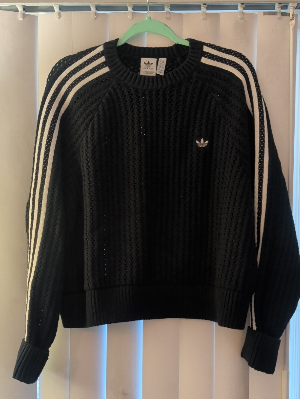 adidas Black Open-Knit Crewneck with White Three-Stripes